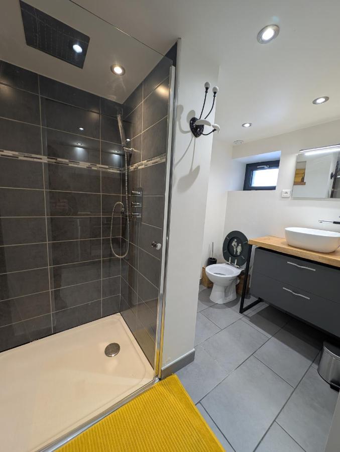 La salle de bain avec douche et lave-linge